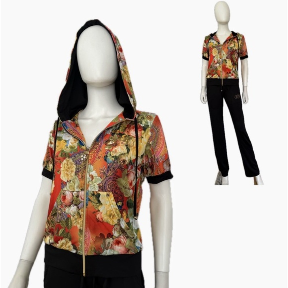 NWT WOMEN'S LYCRA TRACKSUIT 2PC SET HOODED JACKET/BLACK PANTS FLORAL‎ LOUNGEWEAR